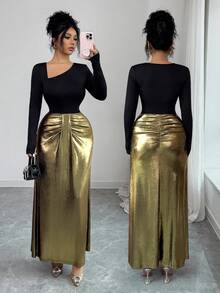 Elenzga Independence Day Party New Fashion Women's Dress, French Elegant Vintage Shiny Stretchy Fabric, Stylish Black+Gold Splice Oblique Collar Ruffle Hem Fitted Flared Hem Casual Versatile Long Sleeve Dress - Black and Gold - View 3