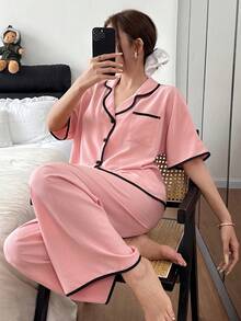 SHEIN Contrast Trim Lapel Casual Loose Short Sleeve Pajama Set - Coral Pink - View 1