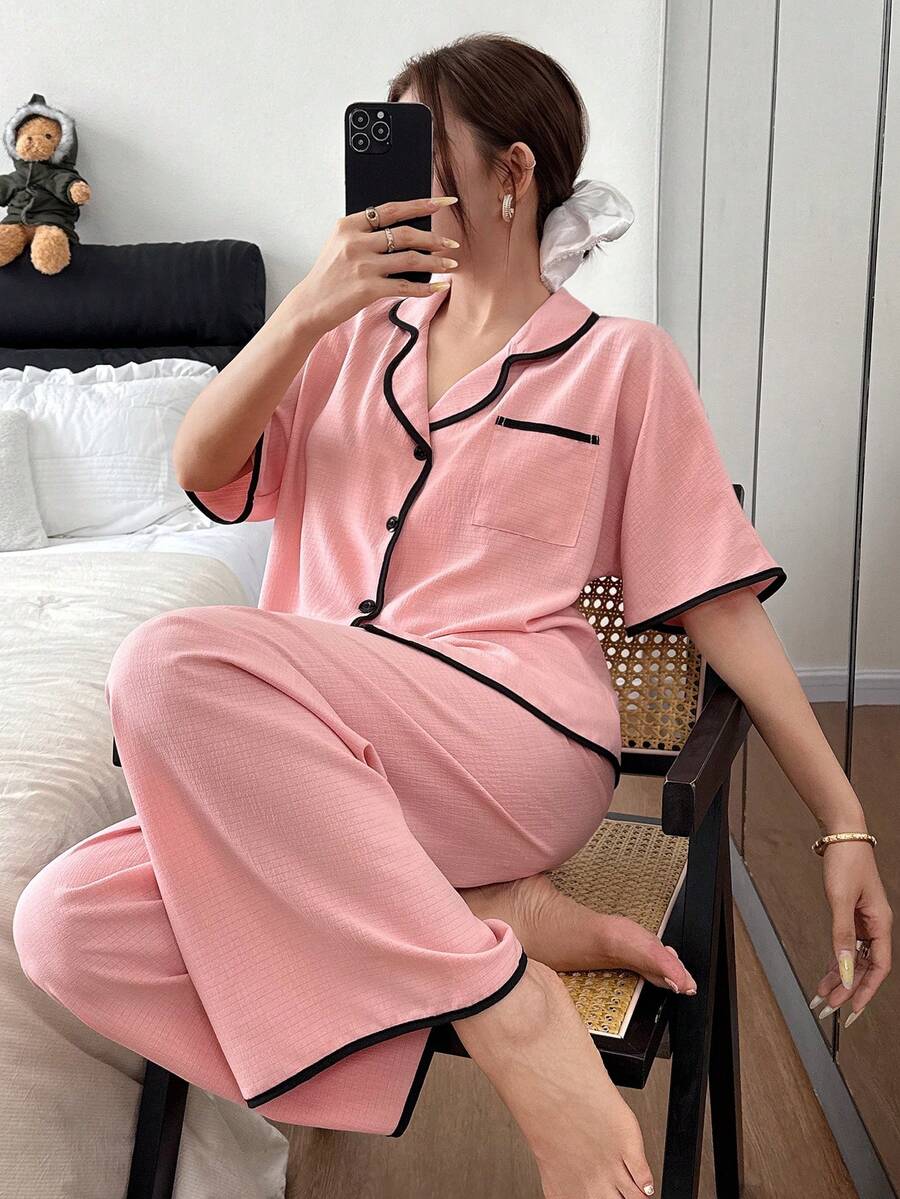 SHEIN Contrast Trim Lapel Casual Loose Short Sleeve Pajama Set - Coral Pink - View 1