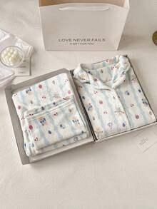 Aloruh 2pcs Thermal Lined Blue Striped Print Long Sleeve Shirt And Pants Casual Set, Suitable For Home Or Outdoor Wear, Autumn/Winter,Casual Sets For Women - Multicolor - View 10