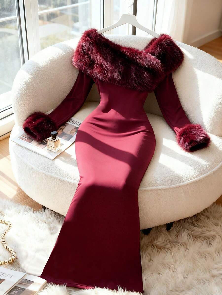Modelyn Đầm dài cổ lông giả hở vai thanh lịch dành cho nữ, mùa đông - Màu Đỏ Sâu - Xem 1