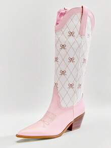 Solezae 全新女式刺绣纯素皮革尖头粗跟一脚蹬西部风格别致牛仔靴 - 粉色 - 查看 4