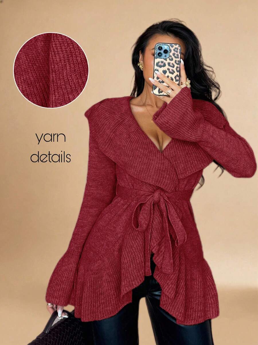 Islaluna Women's Basic Minimalist Elegant French Fashion Romantic Tie-Front Cardigan - Red - View 1