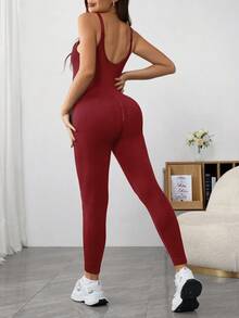 SHEIN Maternity Solid Color Sleeveless Fitted Jumpsuit - Burgundy - View 2
