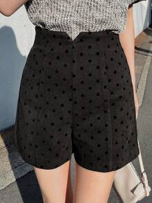 FRIFUL 女士高腰波点图案阔腿宽松时尚优雅短裤 - 黑色 - 查看 3