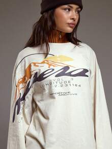 MUSERA Oversized Mountain Map Graphic Long Sleeve Top  Coolgirl Cosy Cute Outdoors Explorer Spring Graphic Tee Summer Holiday Casual - White - View 2