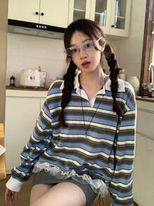 DAZY 女士翻领条纹休闲长袖卫衣，秋冬款 - 白色 - 查看 3