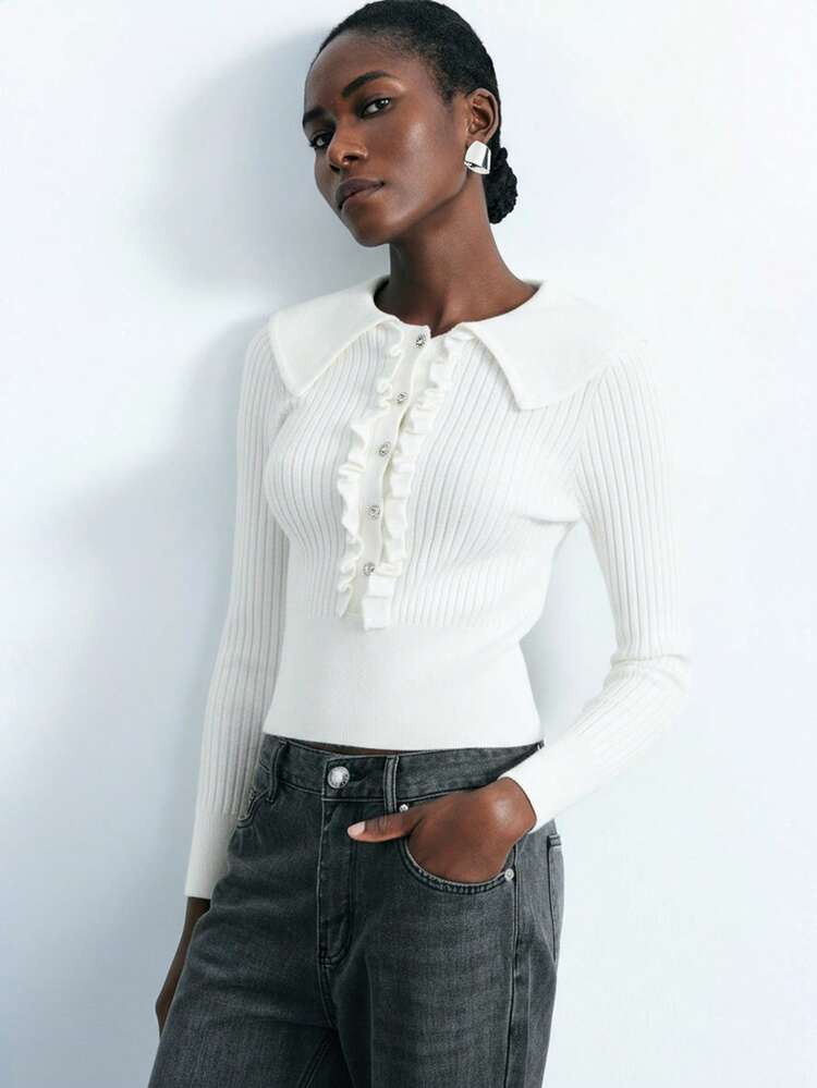 SHEIN Maija Women's Solid Color Button Ruffle Hem Long Sleeve Cropped Fitted Sweater, Versatile For Urban Commute, Business Casual, Office Wear, Elegant Party, Dating, Summer