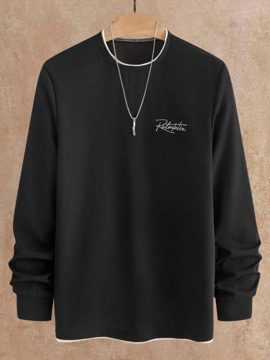 Manfinity NXTstreet 男士休闲撞色滚边长袖T恤，秋季百搭单品 - 黑色 - 查看 1