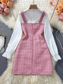 GlowEve 女士格子拼接系领纽扣设计优雅二合一连衣裙 - 粉色 - 查看 2