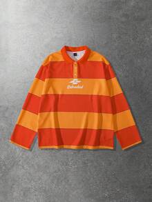 ROMWE MEN Prep 男士字母印花条纹宽松 Polo 领休闲长袖 T 恤 - 彩色 - 查看 2