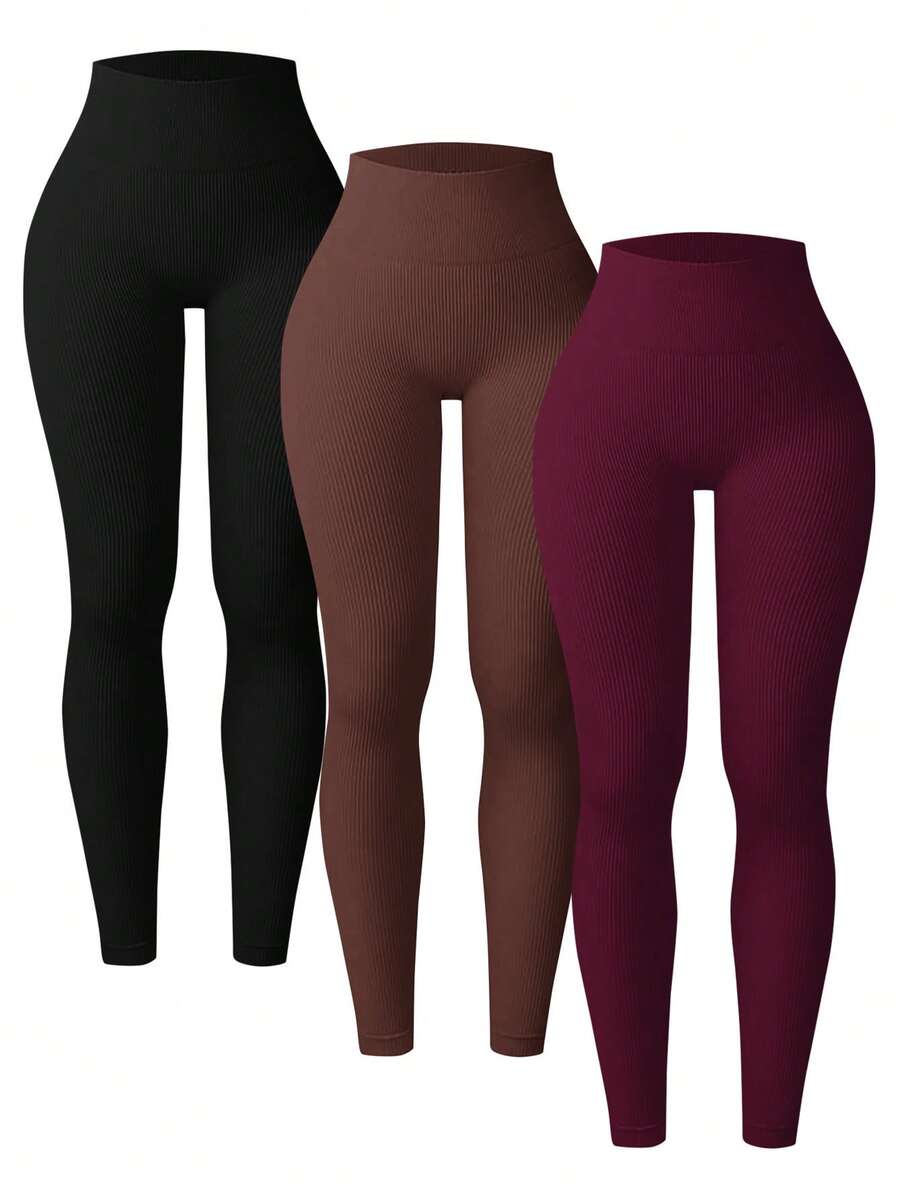 Easithlete 3条装罗纹无缝女士紧身裤 - 高腰收腹瑜伽裤，不透光，适合运动、跑步、骑行、瑜伽、匹克球等休闲场合。 - 彩色 - 查看 1