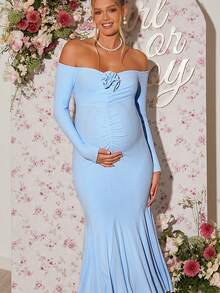 Loomaby Pregnant Women Solid Color 3D Floral Decor Off Shoulder Long Sleeve Ruched Fishtail Hem Elegant Dress Baby Blue Maternity Dress Pregnancy Photoshoot Dress Baby Shower Guest Outfit Light Blue Long Dress Tummy Coverage Dresses  Dress Gender Reveal Dress Maternity Dress Baby Shower Dress - Blue - View 1