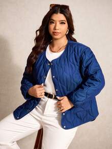 Elaquor Plus Size Solid Color Round Neck Front Button Closure Long Sleeve Warm Padded Coat, Casual For Winter