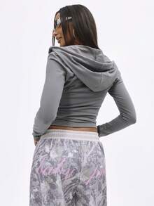 BABYPHAT Long Sleeve Hooded Pullover Sweatshirt With Script Chest Print For Autumn Winter Casual Wear - Grey - View 2