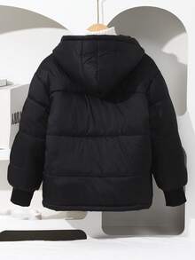 1pc Teenage Boys' Casual Quilted Pocket Hooded Padded Coat, Thick & Versatile, Black, Autumn/Winter - Black - View 2