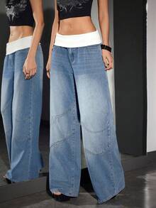 SHEIN PETITE Quần jeans ống rộng cạp thấp màu đơn giản dành cho nữ - Màu xanh lam - Xem 4