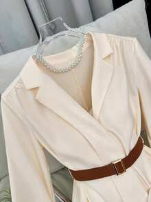 GlowEve Metal Buckle Waist Decor Asymmetrical Ribbon Collar Shoulder Ruched Long Sleeve A-Line Hem Elegant Commuter Dress For Women