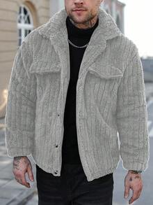 Manfinity CasualCool 舒适男士浅灰色法兰绒抓绒外套，带前口袋，袖长至手腕，常规长度，男士纽扣休闲夹克，灰色 - 淺灰色 - 查看 5