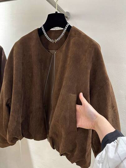 Franclia Vintage Loose Casual Plus Size Women Solid Color Drop Shoulder Long Sleeve Jacket