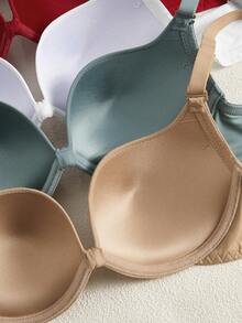 5件装女士休闲纯色可拆卸肩带柔软蝴蝶结罩杯钢圈支撑内衣文胸