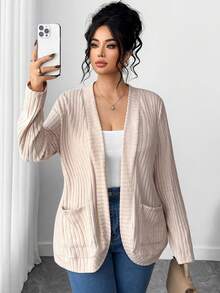 SHEIN PETITE CURVE Plus Size Solid Color Ribbed Pocket Casual Long Sleeve Jacket - Apricot - View 3