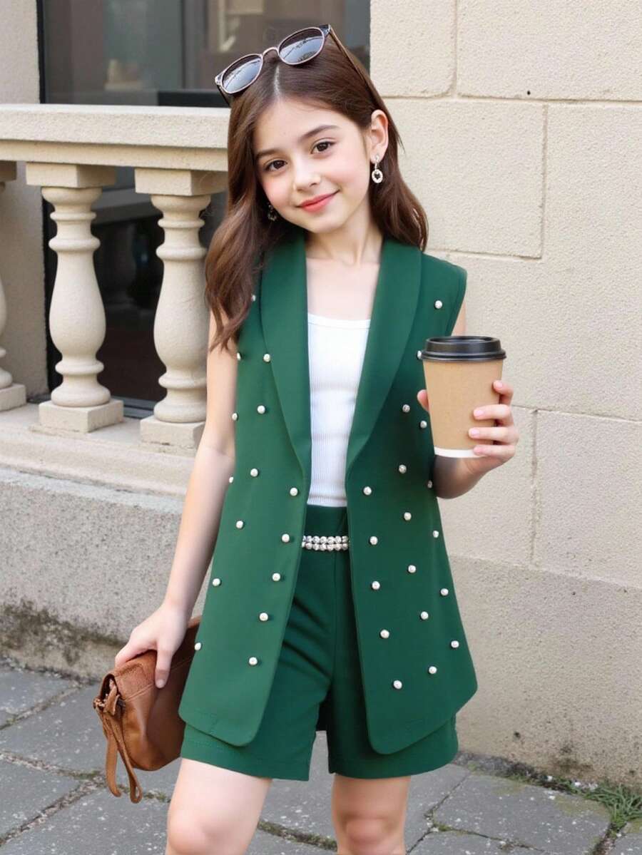SHEIN Elladie kids 女童三件套正式套装：粉色西装外套、针织吊带背心、珍珠装饰短裤，休闲优雅夏季装扮 - 綠色 - 查看 1