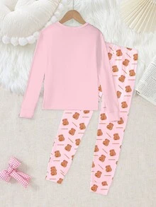 Bộ đồ ngủ 2 món cổ tròn, chất liệu co giãn, áo dài tay bó sát và quần dài, dễ thương và thanh lịch, thoải mái mặc hàng ngày cho bé gái - Nhiều màu - Xem 2