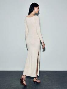 Lumivelle 女式优雅船领镂空腰部收紧开衩下摆毛衣裙