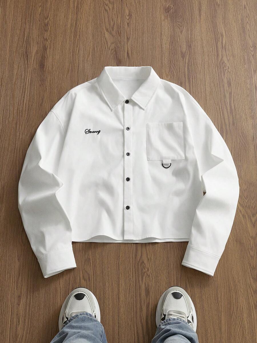 SWAVVY 男士字母印花长袖单排扣休闲口袋衬衫 - 白色 - 查看 1