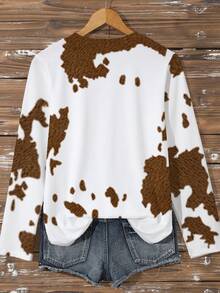 INAWLY Casual Colorblock Cow Print Long Sleeve T-Shirt Fall Cloth For Women - White - View 2