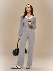 Firalyn Women's Colorblock Lapel Long Sleeve Casual Jumpsuit, Suitable For Daily Wear, Autumn/Winter - Grey - View 1