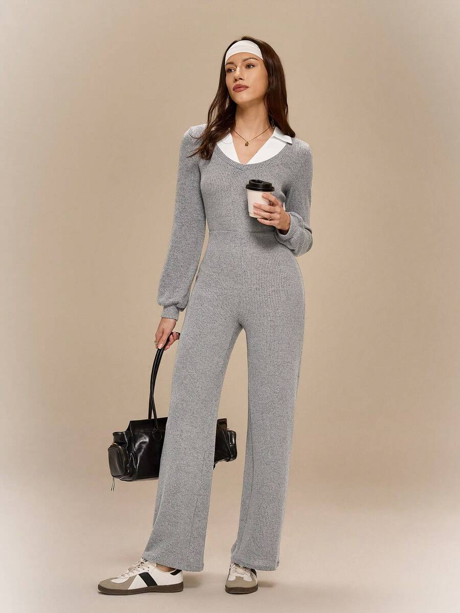Firalyn Women's Colorblock Lapel Long Sleeve Casual Jumpsuit, Suitable For Daily Wear, Autumn/Winter - Grey - View 1