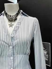 Flirla Women's Sexy Fashionable Multi-Functional Office V-Neck Pleated Slim Fit Blouse - Blue and White - View 3