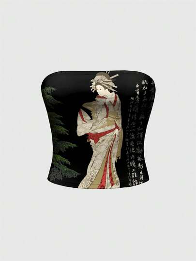 ROMWE Avant Sexy Chinese Calligraphy Figure Print Bandeau Top For Women