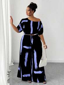 Maweii Plus Size Fashionable Asymmetric Collar Printed 2 Pieces Set - Multicolor - View 4