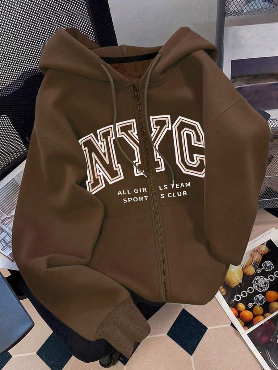 Resyla 女士经典字母印花拉链卫衣，适合秋季、休闲穿着、返校季、毕业季、日常穿着，时尚百搭。 - 咖啡棕 - 查看 1