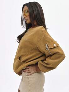 BABYPHAT Oversized Suede Bomber Jacket With Cat Embroidery Zip Front Ribbed Cuffs Fall Winter Outerwear - Brown - View 3