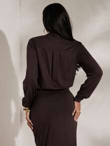 Opulessa Solid Color V-Neck Long Sleeve Dress For Women, New Year, Thanksgiving Outfits, Elegant Party Outfit, Luxury Evening Dresses For Weddings, Fall Winter Clothes, Graduation, Prom Dress,Dresses For Women Elegant, Mermaid, Bohemian Outfits, Ibiza Outfits, Western Style - Brown - View 2