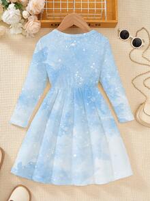 Princess Pattern Blue Round Neck Long Sleeve Dress, Fashionable And Cute, Casual And Elegant, Suitable For Various Occasions - Multicolor - View 2