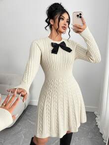 Elenzga Modisches A-Linien-Kleid mit Schleife an der Taille in Große Größen, burgunderrotes Strickpulloverkleid