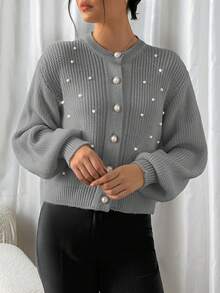 SHEIN Cottnline Women Solid Color Front Button Lantern Sleeve Pearl Detailed Chunky Cardigan - Grey - View 3