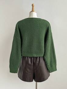 Elamini Áo len dài tay cổ tròn trễ vai màu trơn thường ngày cho nữ, Thu/Đông - màu xanh lá - Xem 2