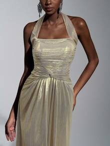 Elitara 优雅奢华酒红色亮片金银线手工褶皱装饰围巾吊带方领扭结装饰A字型飘逸长裙女士正式晚礼服 - 米色 - 查看 5