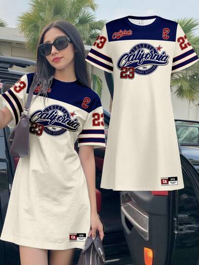 Vestido deportivo casual con estilo universitario, estampado de patrones, color rosa, adecuado para adolescentes, con gráfico del número 23, apropiado para picnics al aire libre, salidas casuales, estilo callejero, hogar y escuela, para todas las estaciones