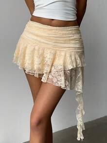 Aloruh 女士优雅高腰不对称荷叶边蕾丝短裙 - 白色 - 查看 8