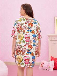 Strawberry Shortcake X SHEIN Plus Size Women's Cute All-Over Print Loose Fit Drop Shoulder Nightgown, Summer Kawaii Pajamas Cartoon Pajamas Women Plus Size Kawaii Moo Moo Night Gown - White - View 2