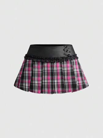 Kawaii Women's Punk Style Leather Waistband Plaid Mini Skirt