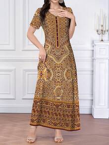 Lacomfia Váy Ả Rập thanh lịch cổ chữ V in hoa kỹ thuật số cổ điển dành cho nữ, Xuân/Thu - Nhiều màu - Xem 3