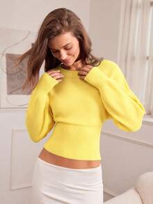 Hanevo Casual Round Neck Drawstring Waist Slim Fit Solid Color Knit Sweater, Versatile For Autumn/Winter - Light Yellow - View 6